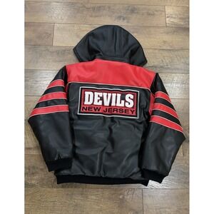 Vintage 90s New Jersey Devils Mighty Mac PVC Leather Jacket W/ Hood Medium Black